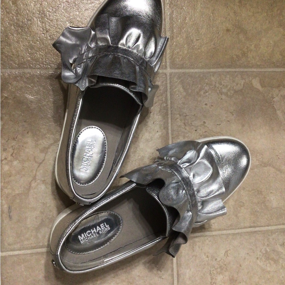 Michael Kors Metallic Silver Loafers with Ruffle